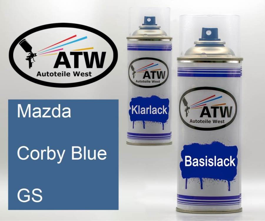 Mazda, Corby Blue, GS: 400ml Sprühdose + 400ml Klarlack - Set, von ATW Autoteile West.
